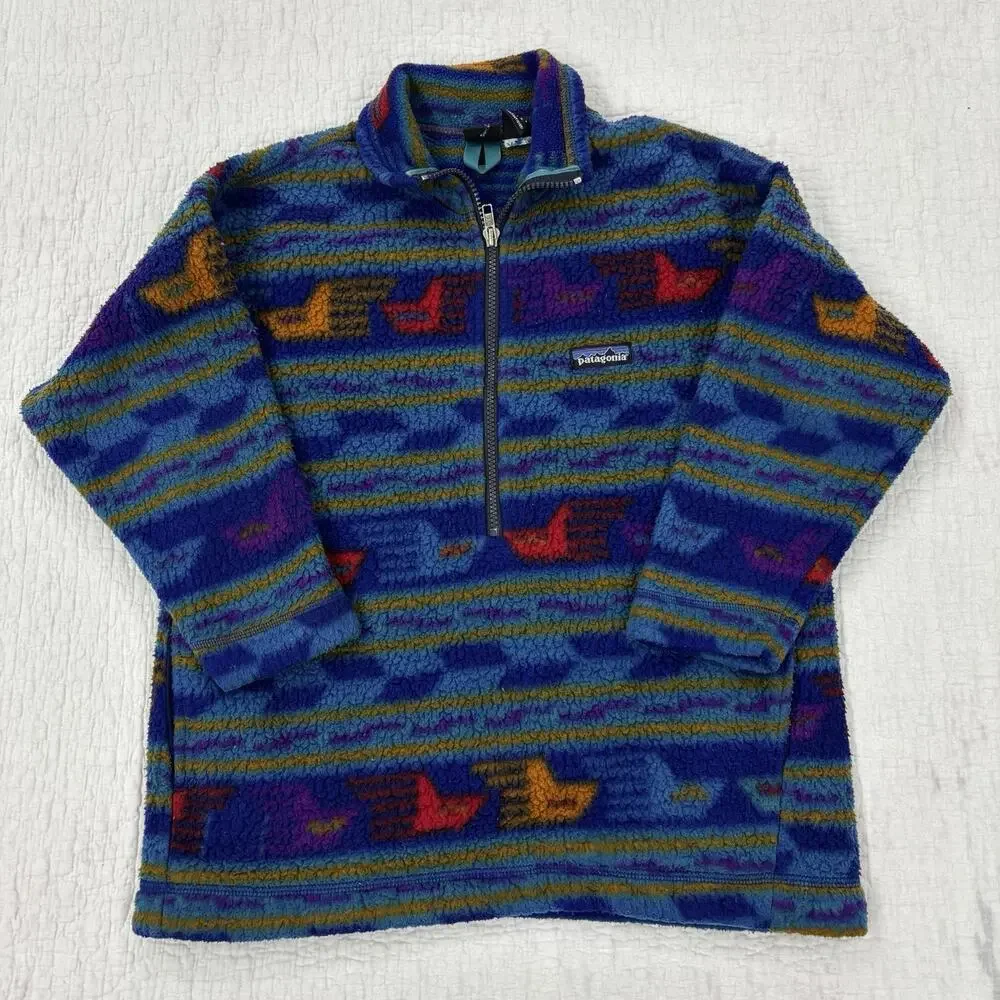 Vintage Patagonia Kids size 8 Synchilla Fleece 1/4 Zip Blue Aztec Pocket USA